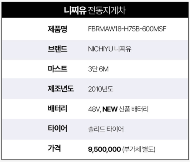 [중고] 전동 지게차 1.8톤 입식 리치 3단 6M 니찌유 FBRMAW18-H75B-600MSF, 신품 배터리 2010년형