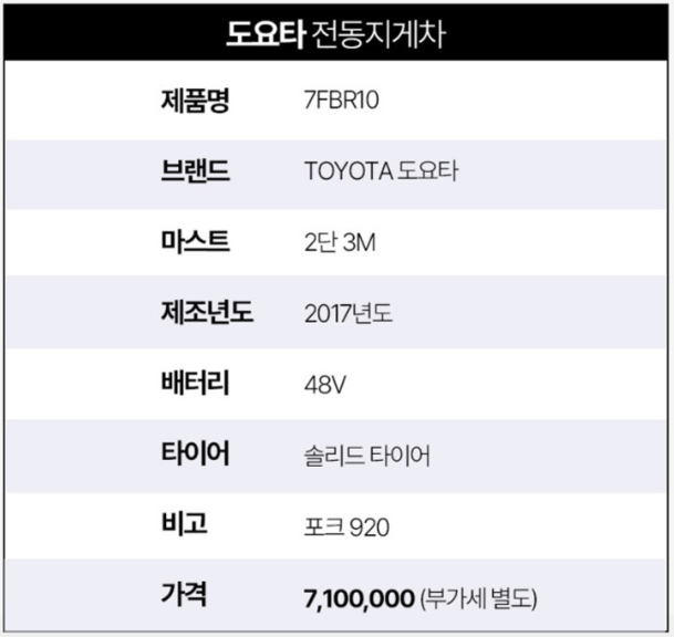 [중고] 전동 지게차 1톤 입식 리치 2단 3M 도요타 7FBR10, 포크 920 2017년형