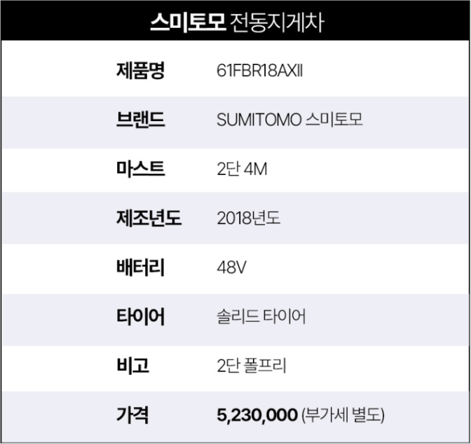 [중고] 전동지게차 스미토모 1.8톤 입식 2단4M 61FBR18AXII 2018년형