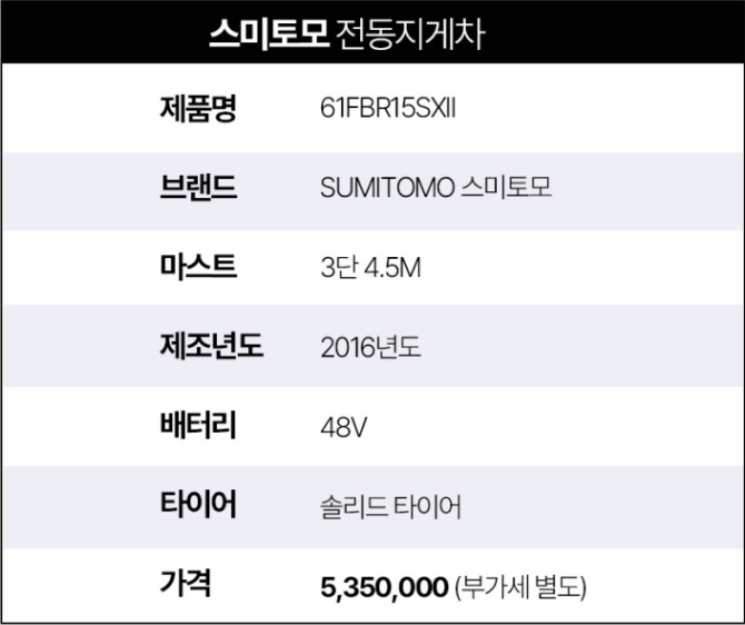 [중고] 전동지게차 스미토모 1.5톤 입식 3단4.5M 61FBR15SXII 2016년형